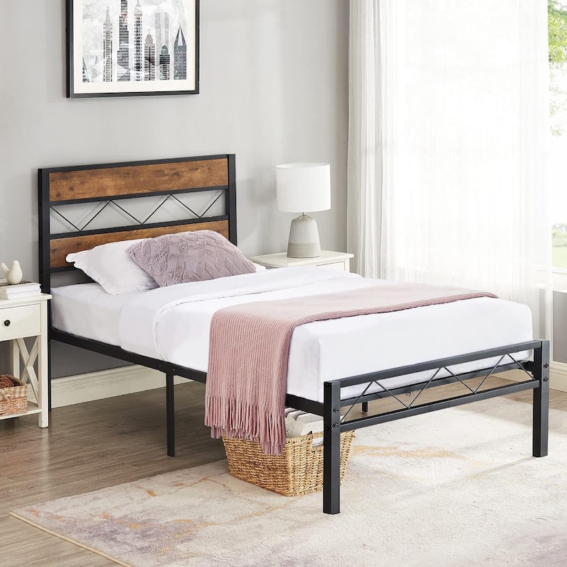 VECELO Retro Platform Bed Frame Wood Headboard, Twin/Full/Queen Size Beds