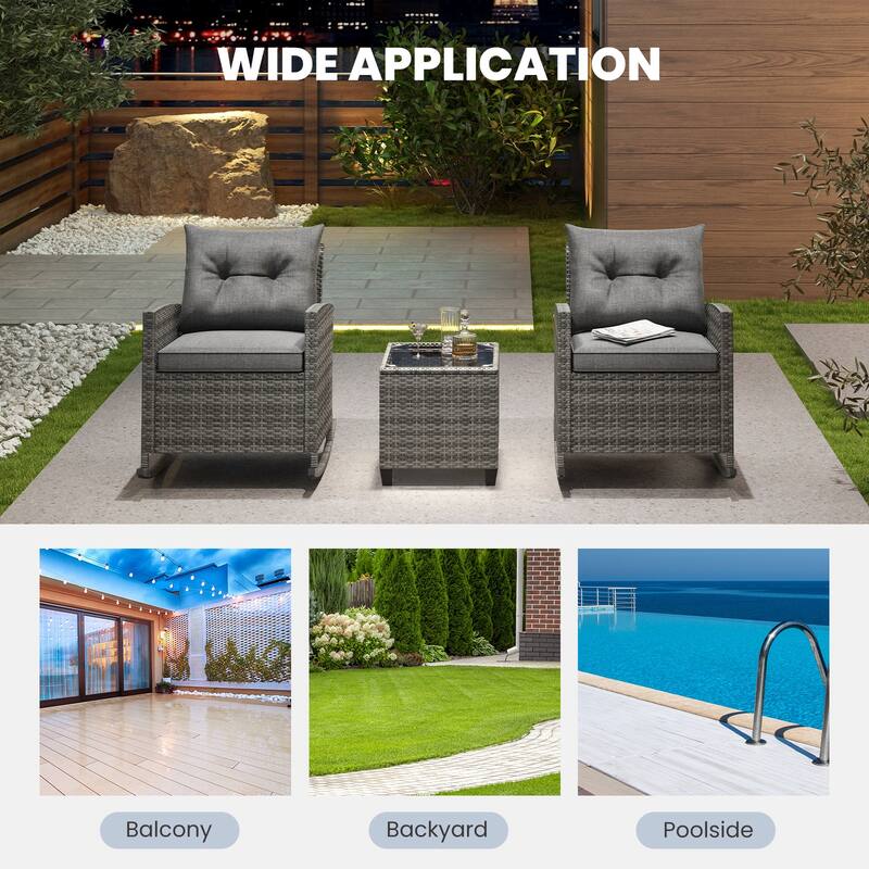Gymax Set of 3 Wicker Rocking Set Patio w/ Tempered Glass Table & Soft