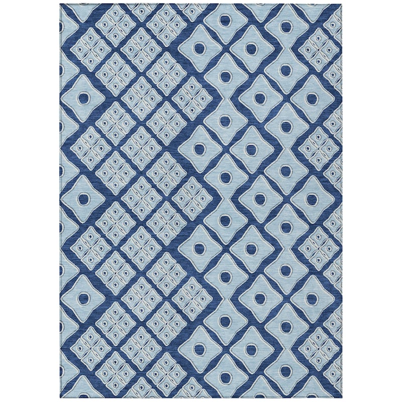 Navy Blue And Light Blue Geometric Washable Indoor Outdoor Area Rug - 3' x 5'