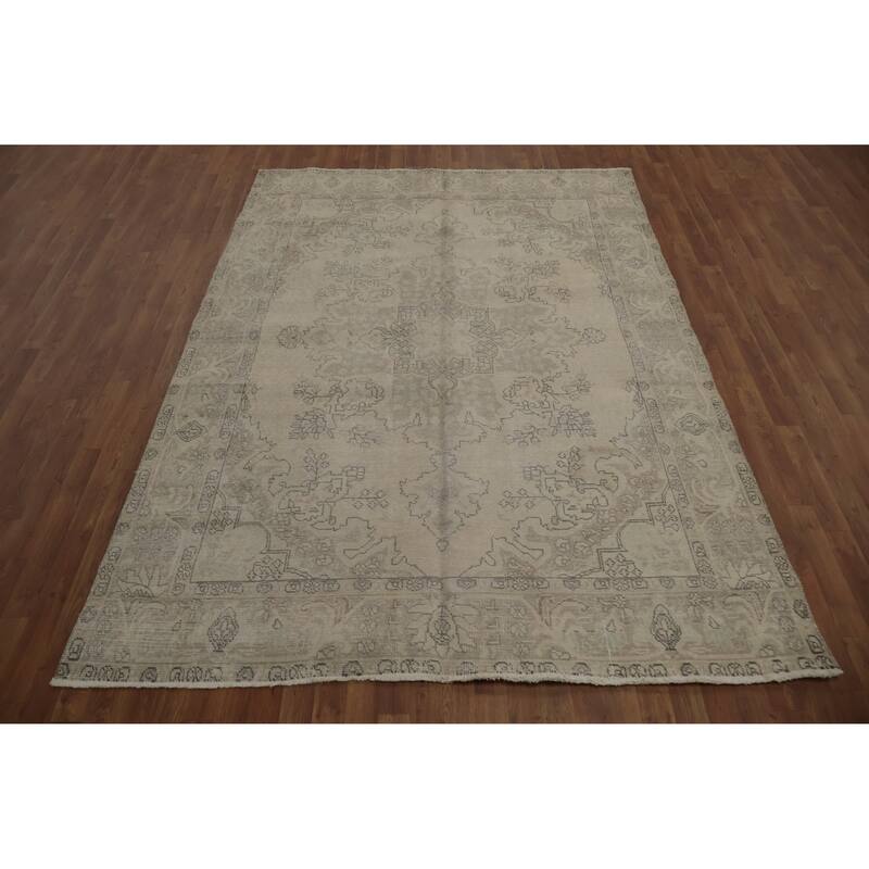 Hand Knotted Oriental 100% Wool Carpet Traditional Medallion Beige & Ivories Tabriz Area Rug - 9' 4'' X 6' 8''
