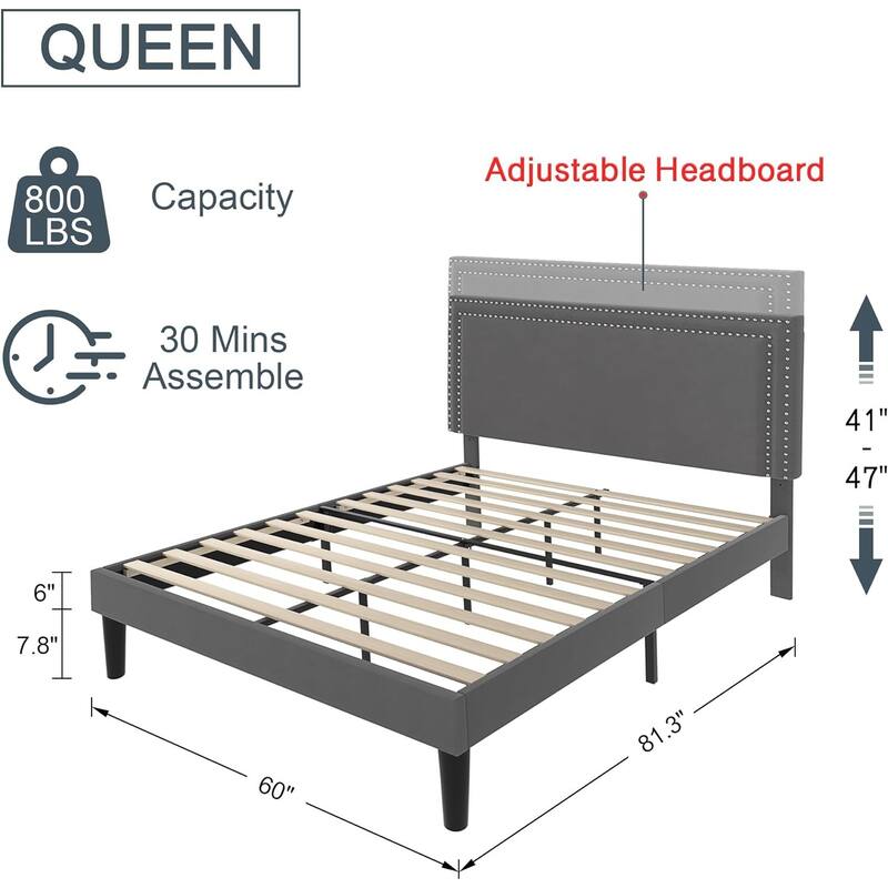Upholstered Platform Bed Frame with Adjustable Headboard, Velvet Nailhead Trim, No Box Spring Needed