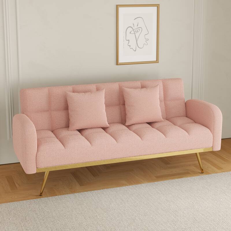 Pink Sofa Bed Sleeper Loveseat with Removable Armrest and Pillows Bed