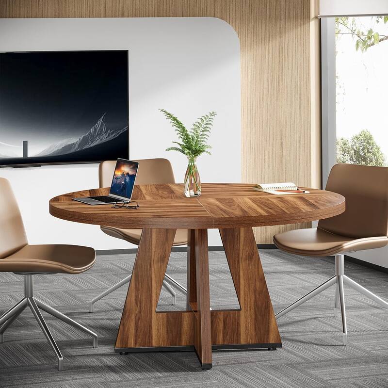 47" Round Conference Table Meeting Room Table with Thickened Top Wood Base Modern Training Desk for Conference/Seminar Room