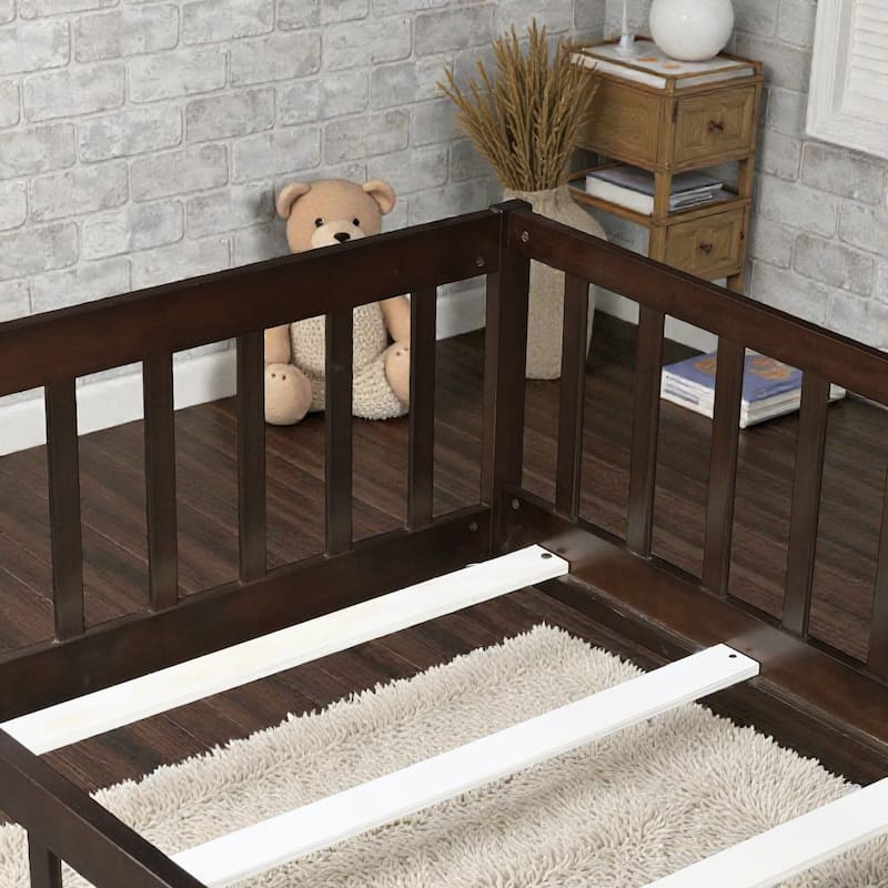 Floor Bed with Fence, Solid Rubber Wood Montessori Floor Bed with Safety Guardrails