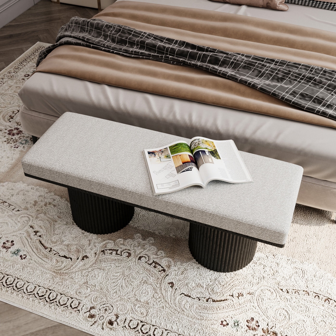Comfortable Upholstered Seat with Cylindrical Wood Legs, Bedroom End of Bed Bench, Entry Footrest Bench Accent Bench
