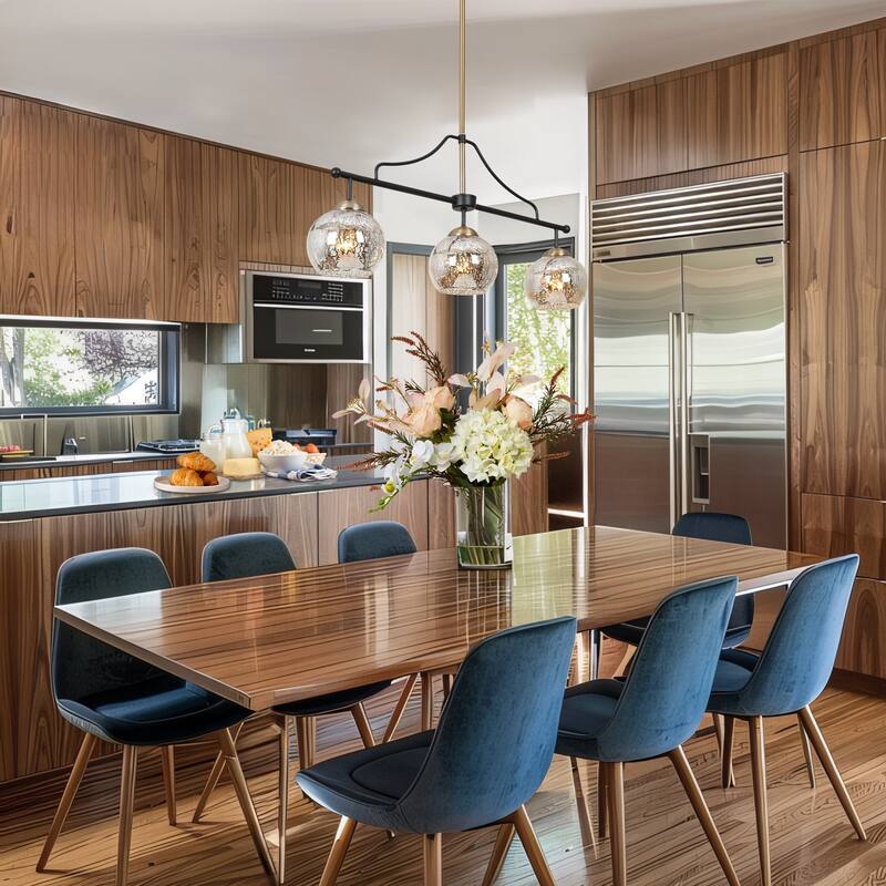Modern Glam 3/6-Light Black Gold Linear Chandelier Kitchen Island Pendant Lights with Mercury Glass