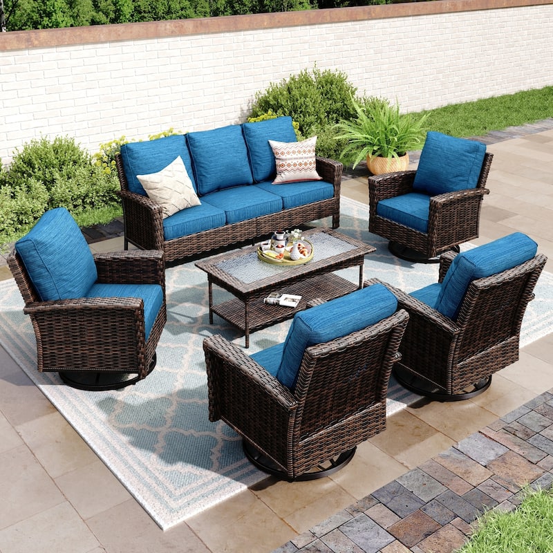 MAISON ARTS Extra-Large Patio Wicker Sofa Conversation Set with Coffee Table, Oversize Seat with 5.5'' Thick Padded Cushion - 7 Seats + 47'' Table - Peacock Blue