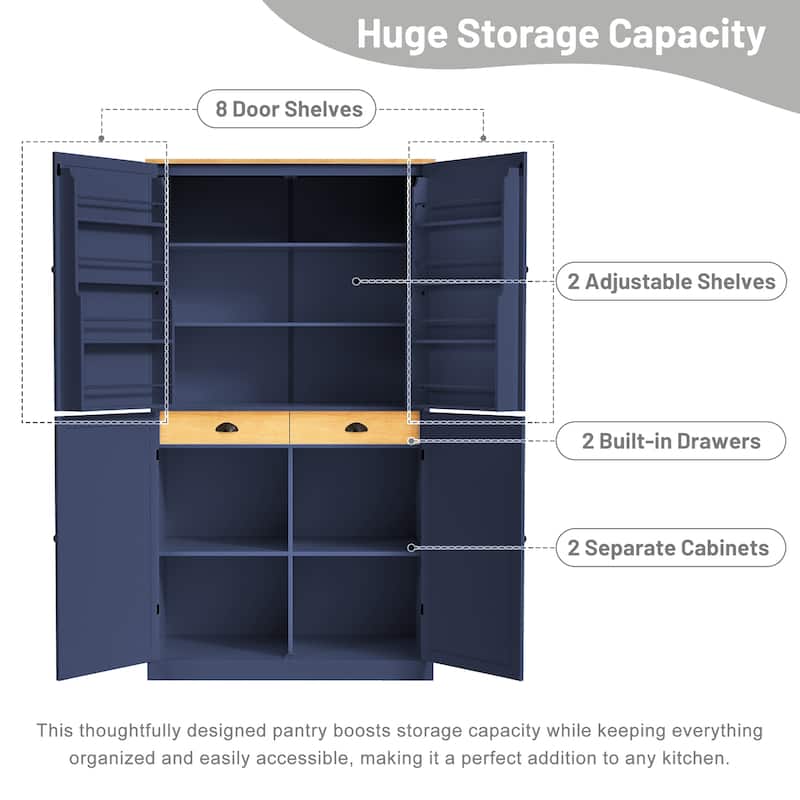 71" Large Freestanding Kitchen Pantry Cabinet with 2 Drawers, 2 Adjustable Shelves and 8 Door Shelves for Kitchen