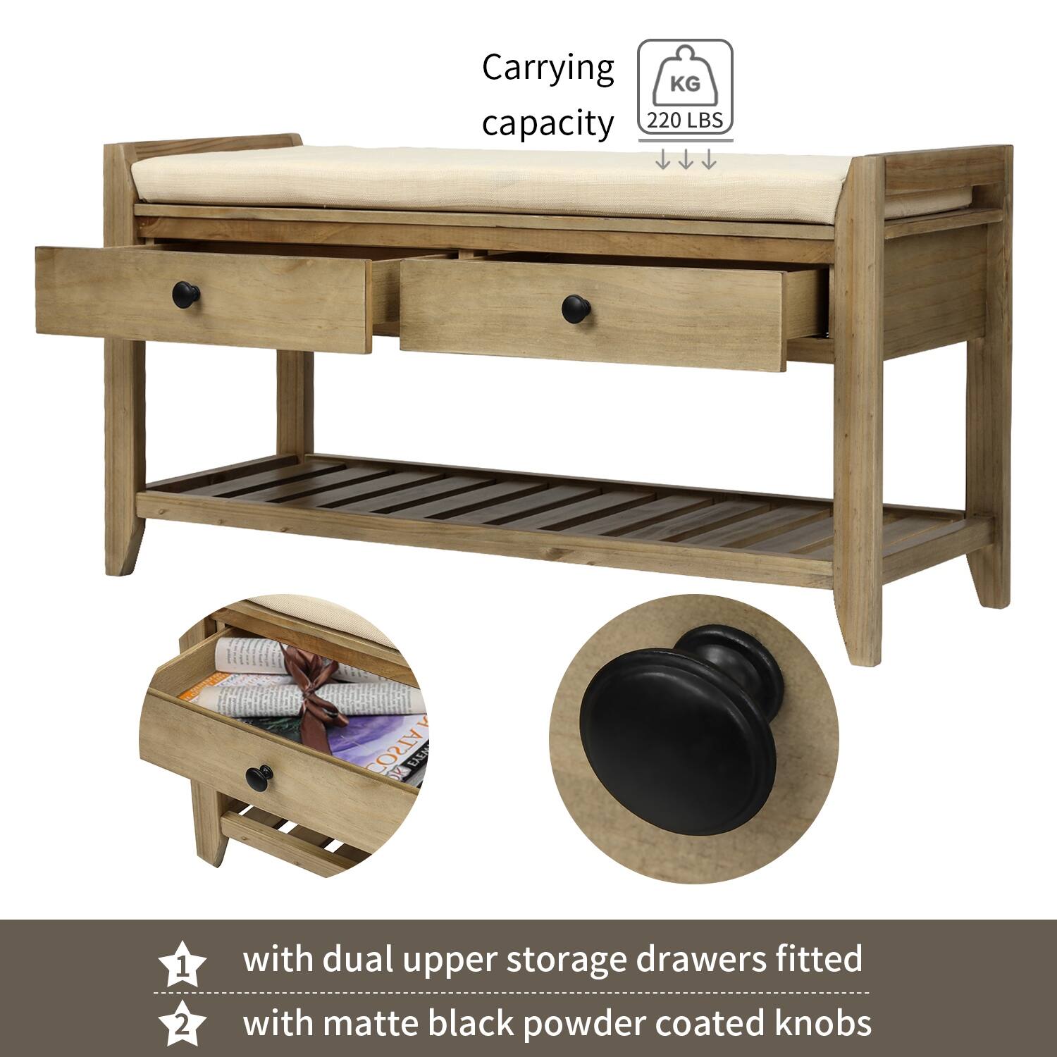 Shoe Rack Entryway Storage Bench with Cushion & Drawers, Gray Wash ...