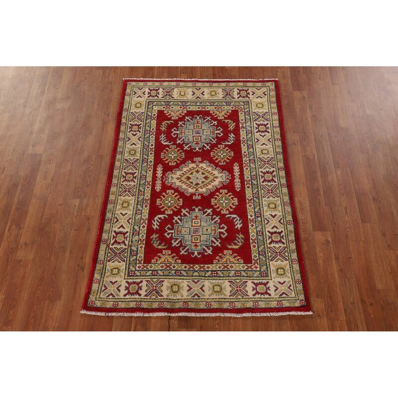 Red Kazak Oriental Accent Rug Hand-Knotted Geometric Wool Carpet - 3'4"x 5'0"
