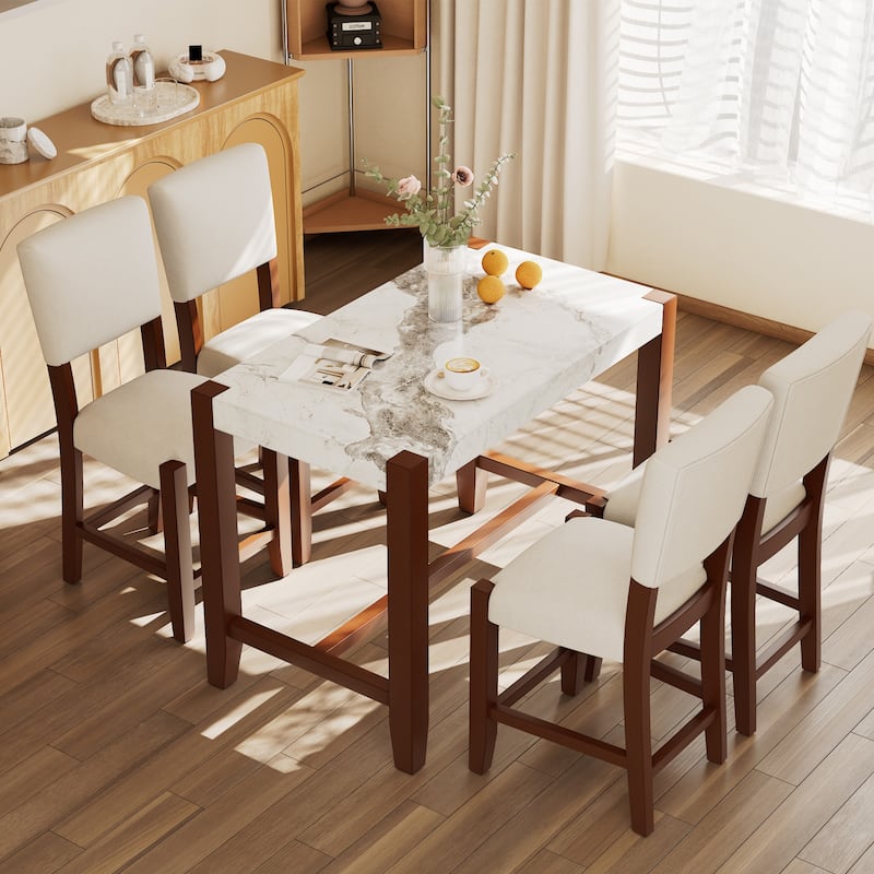 5-Piece Counter Height Dining Table Set, Faux Marble Bar Table And 4 Upholstered-Seat Chairs, Mid-Century Modern Dining Set - Beige+White