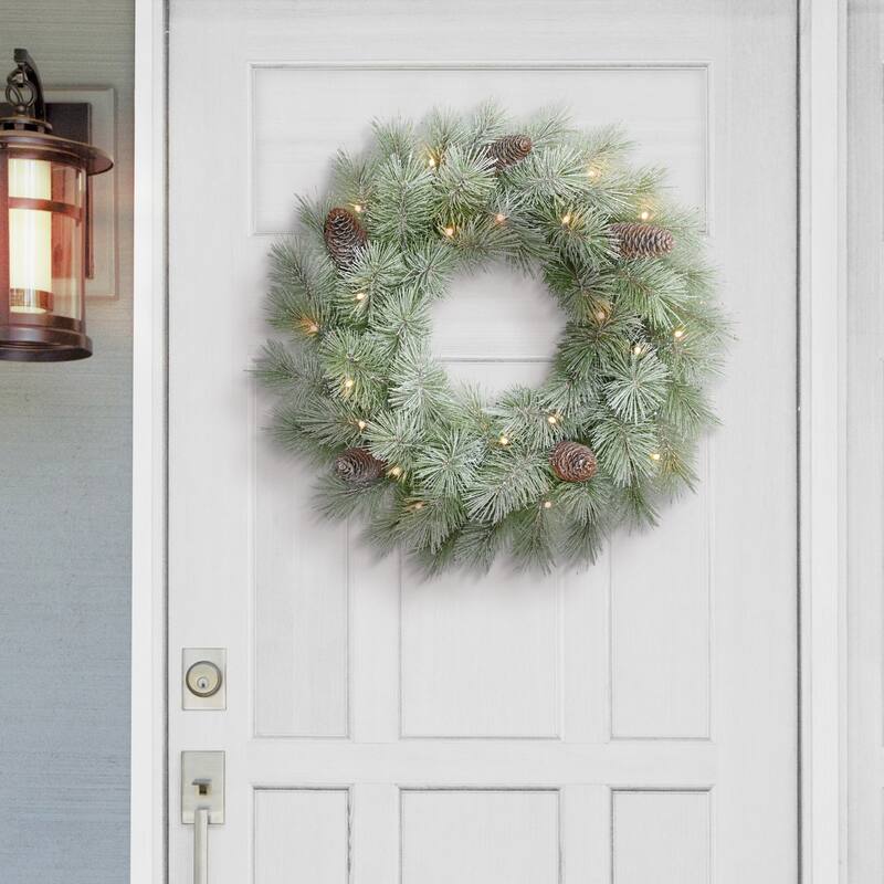 Pre-Lit Battery-Operated Flocked Artificial Christmas Wreath - 24" - Warm White