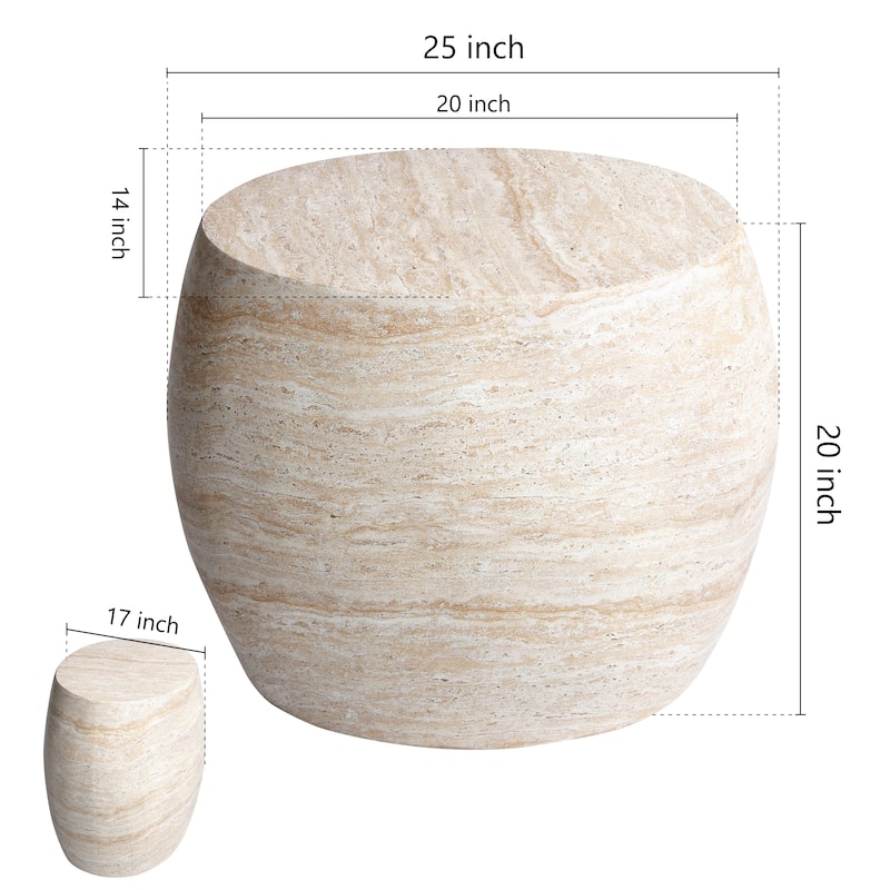 Oval Travertine Stone Finish Italian Design MgO Side Accent Table - 17.1"x25"x20.5"