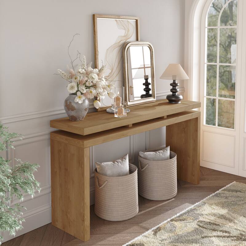 Retro Wooden Entryway Table with Double Board Suspension Design, Solid Wood & MDF, Sofa Table for Living Room