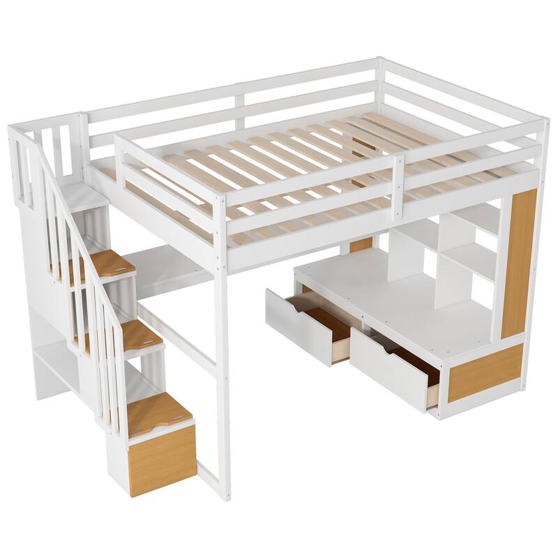 Full Size Loft Bed with Desk, Shelves, Drawers, and Storage Staircase in White and Natural