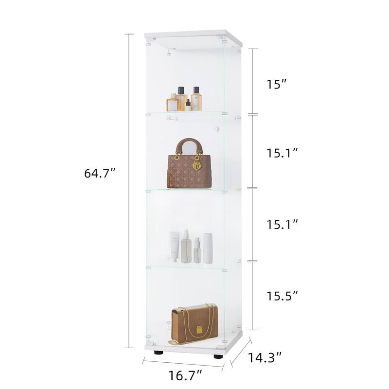 Glass Display Cabinet 4 Shelves with Door, Floor Standing Curio Bookshelf