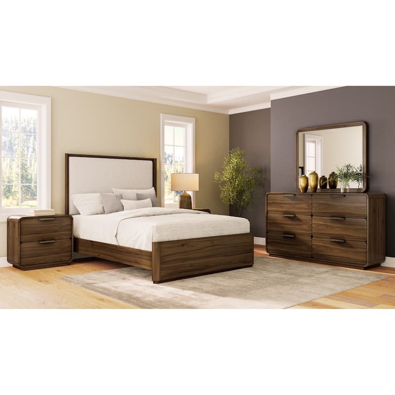 Queen Size Upholstered Platform Bed Frame with Walnut Veneer, Upholstered Headboard and Casual Transitional Design for Bedroom