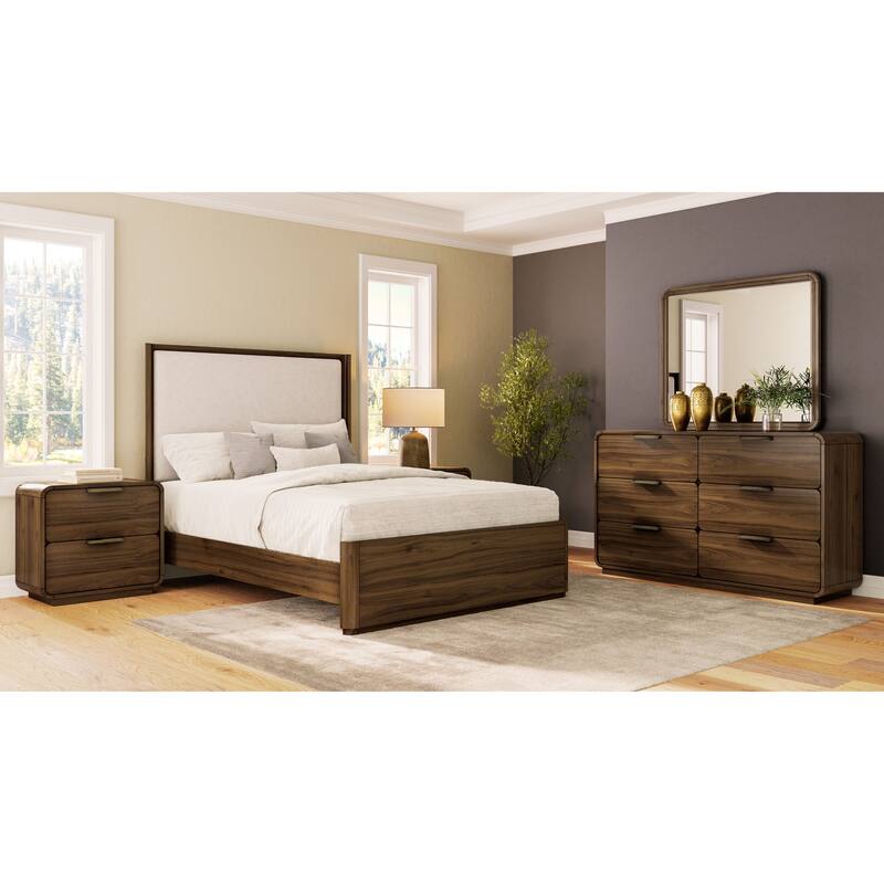 Queen Upholstered Bed in Walnut with Polyester Fabric Headboard