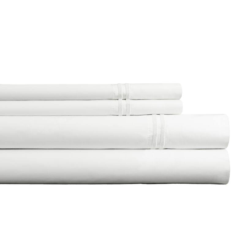 Pointehaven 300 TC Percale 100% Long Staple Cotton Cooling Double Satin Embroidered Stitch Oversized Sheet Set - Queen - White-White