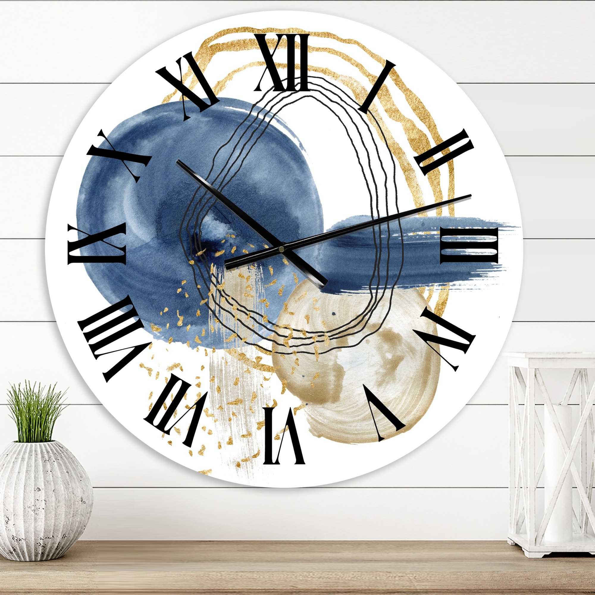 Designart 'Abstract Dark Blue Gold & Black Underwater Life' Modern wall clock