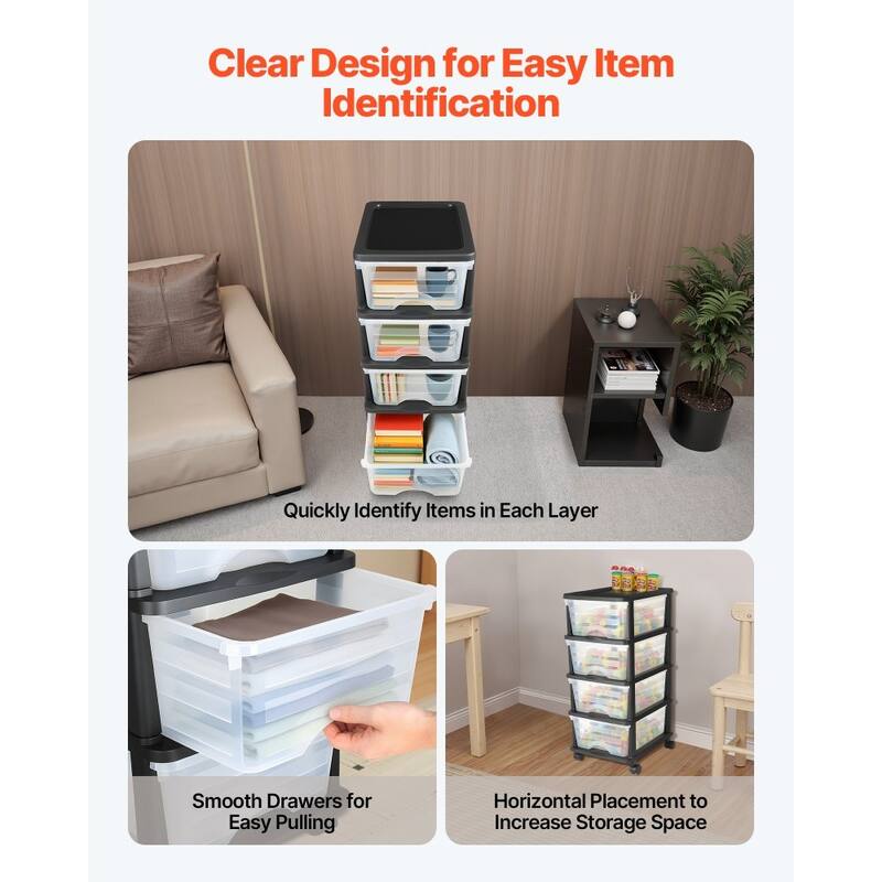 Multi-Purpose Plastic Storage Drawers with Transparent Front and Rolling Cabinet for Bedroom or Kitchen