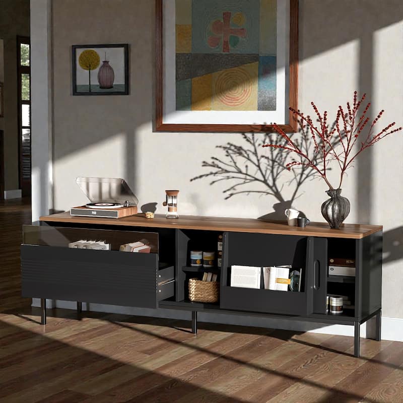 70.8'' Mid Century Modern TV Stand for 75'' TVs, Walnut Media Console with Sliding Doors, Drawer, Adjustable Shelves