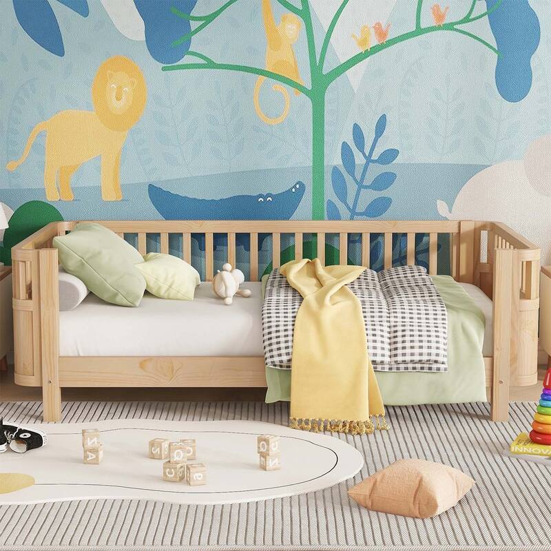 Wood Platform Bed with Safety Rails,and Versatile Use