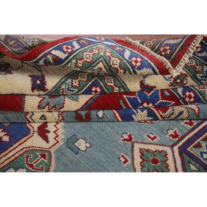 Hand Knotted Oriental 100% Wool Carpet Traditional Geometric Navy Blue & Blues Kazak Area Rug - 9' 7'' X 6' 10''