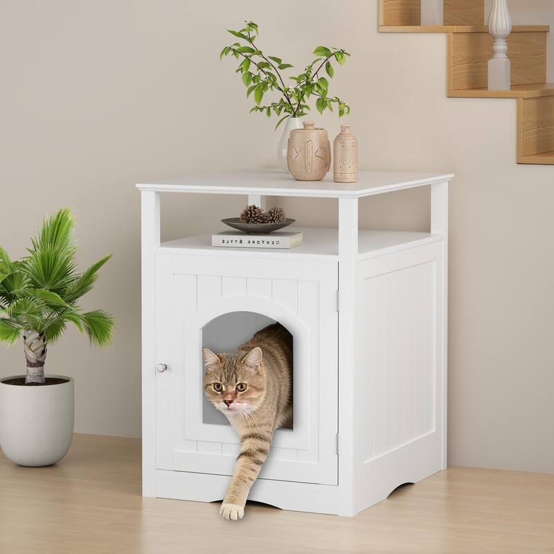 Cat Litter Box Enclosure Furniture, Wooden Cat House with Enclosed Cabinet, Hidden Litter Box Furniture with Storage Shelf