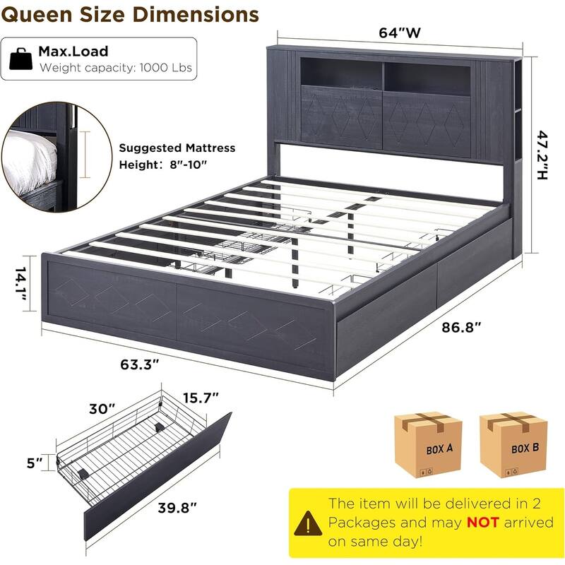 Modern Queen Size Wood Bed Frame with Charging Station and LED Lights