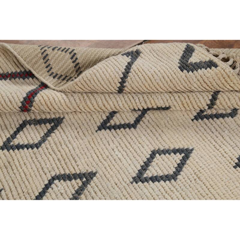 Modern Geometric Moroccan Runner Rug Hand-Knotted Wool Carpet - 3'11"x 11'7"
