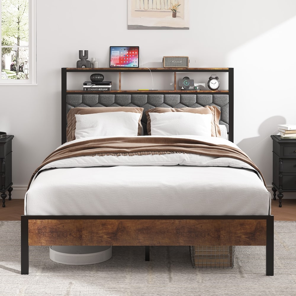 Heavy Duty Metal Platform Bed, Classic Single Bed Frame with Upholstered Headboard, Storage Headboard with Charging Station
