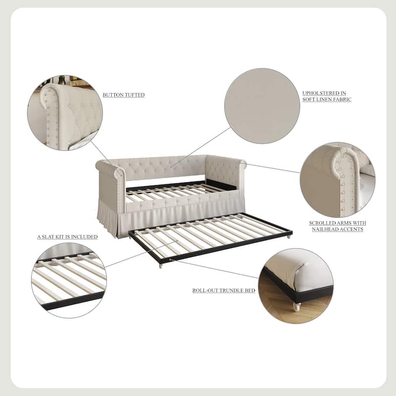 CraftPorch Twin Size Chesterfield Daybed In Linen With Trundle