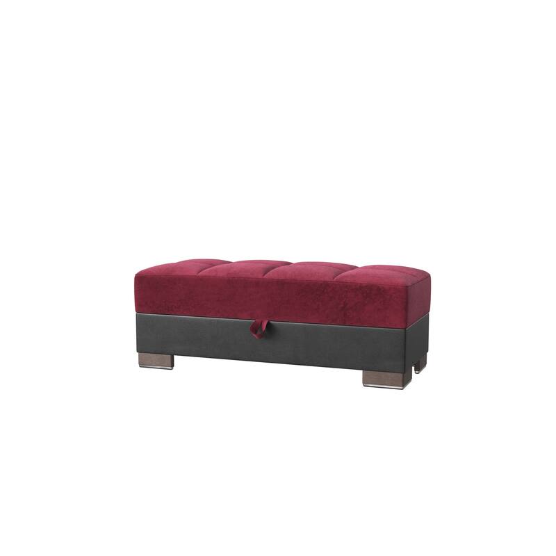 HomeRoots 52" Burgundy Black and Brown Faux Leather And Microfiber Tufted Storage Ottoman
