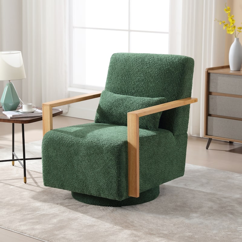 Mid-Century Boucle Upholstered Swivel Armchair With Pillow
