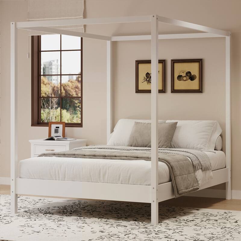 Solid Wood Canopy Bed Frame Four Poster Platform Bed with Slats Support