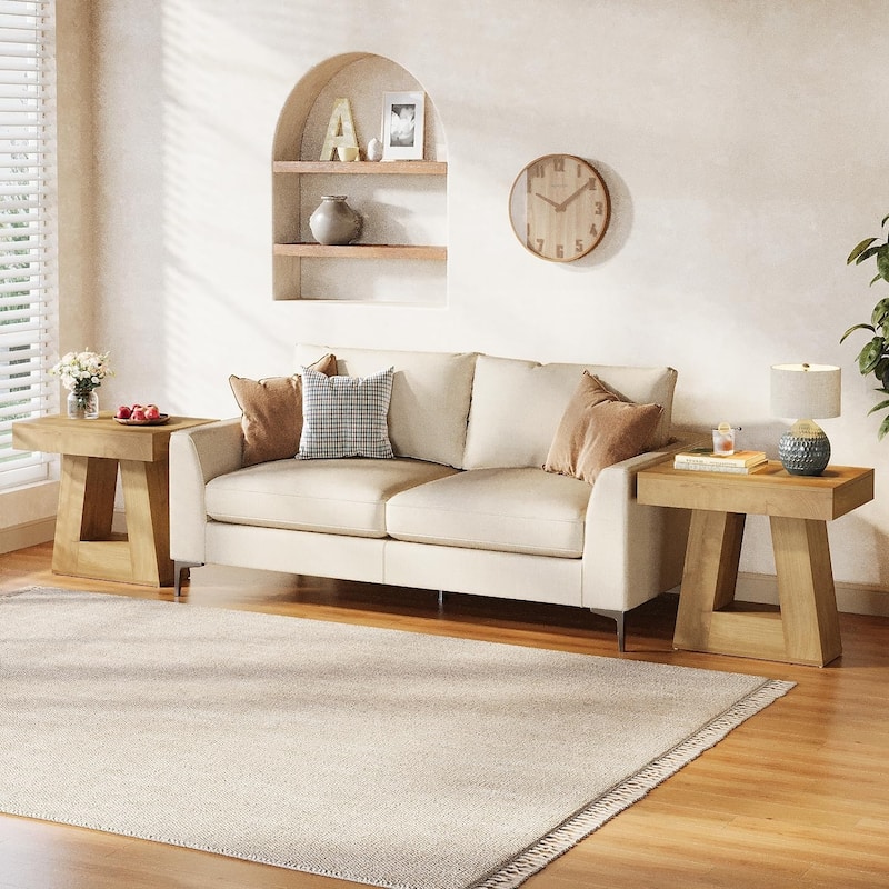 Farmhouse Side Table Small End Table with Trapezoid Base for Living Room - Brown - 2PC