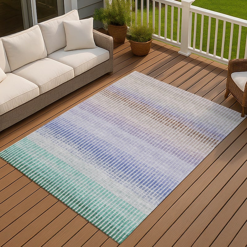 Machine Washable Indoor/ Outdoor Contemporary Stripes Chantille Rug - Green - 10' x 14'