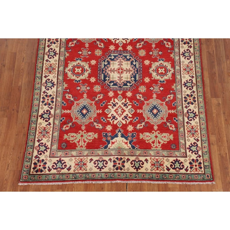 Geometric Red Kazak Oriental Rug Hand-Knotted Living Room Wool Carpet - 5'0" x 6'8"