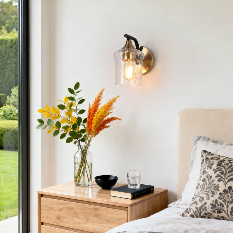 Modern 1-Light Black Gold Wall Sconce Glass Vanity Lights for Bathroom