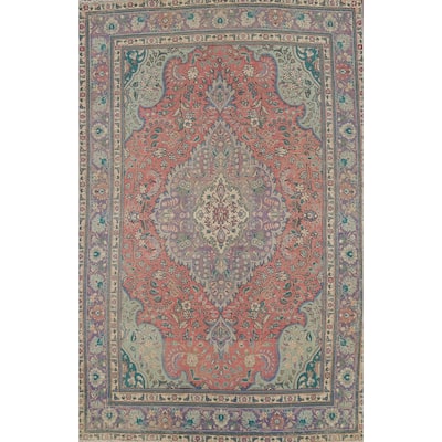 Pink Tabriz Persian Vintage Area Rug Handmade Floral Wool Carpet - 6'10"x 9'11"