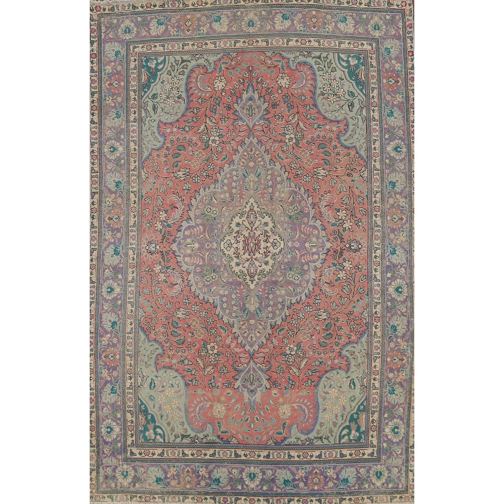 Pink Tabriz Persian Vintage Area Rug Handmade Floral Wool Carpet - 6'10"x 9'11"