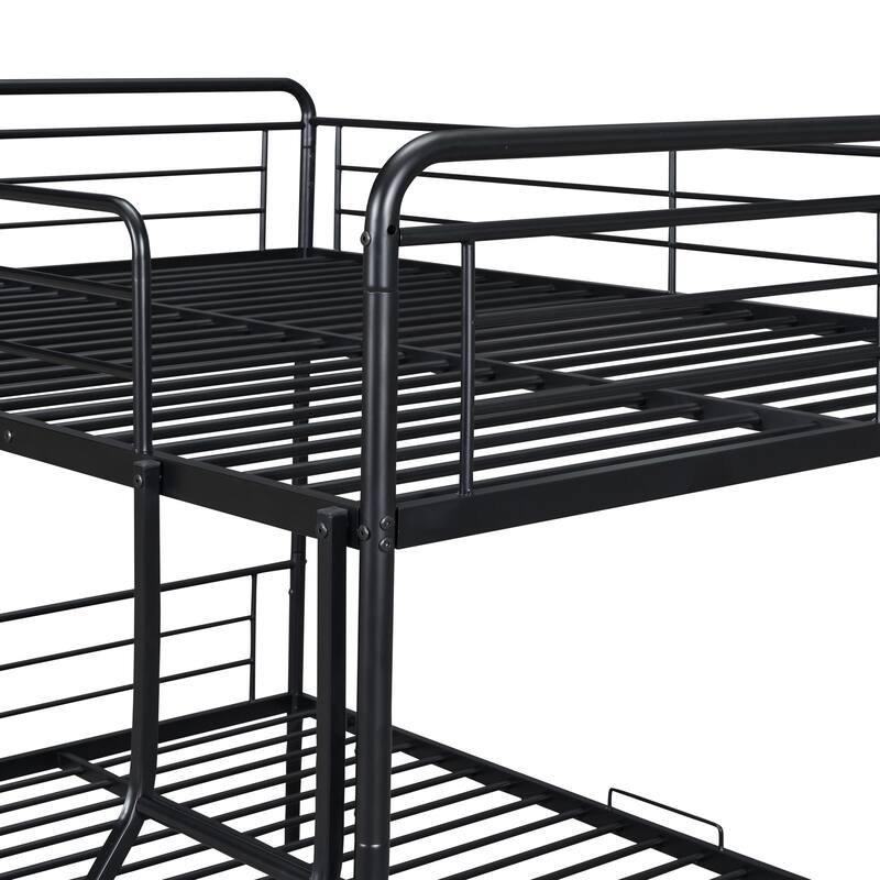 Full XL Over Queen Metal Bunk Bed w/ Twin Size Trundle, Dorm Convertible Heavy-Duty Iron Bed Frame w/ Ladder & Safety Guardrails