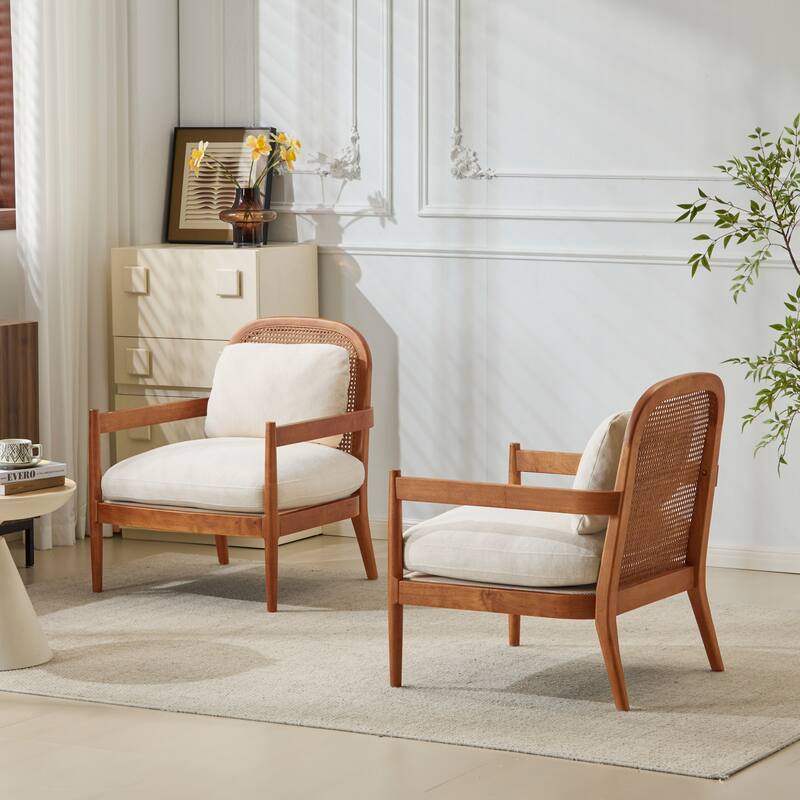 26.6" Solid Wood Accent Chair with Rattan Backrest, Cushioned Seat, Stylish Armchair for Living Room, Reading Nook, Set of 2
