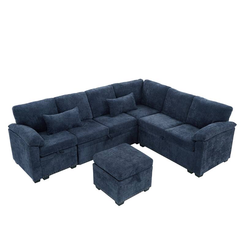 L-Shaped Chenille Sectional Sofa with Pull-Out Bed, Upholstered Convertible 7-Seater Sofa with Storage Ottoman & 2 Pillows