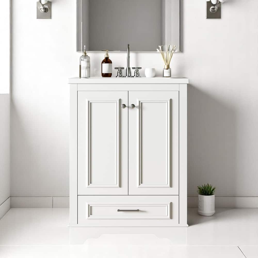 24 Inch Bathroom Vanity with Sink, Solid Wood Frame Cabinet with Adjustable Shelf, Ceramic Top, Silver Handles