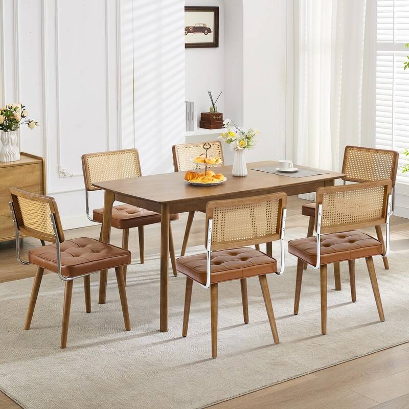 Mid-Century Modern Upholstered Dining Chair with Checkered Hollow Rattan Backrest and Padded Cushion