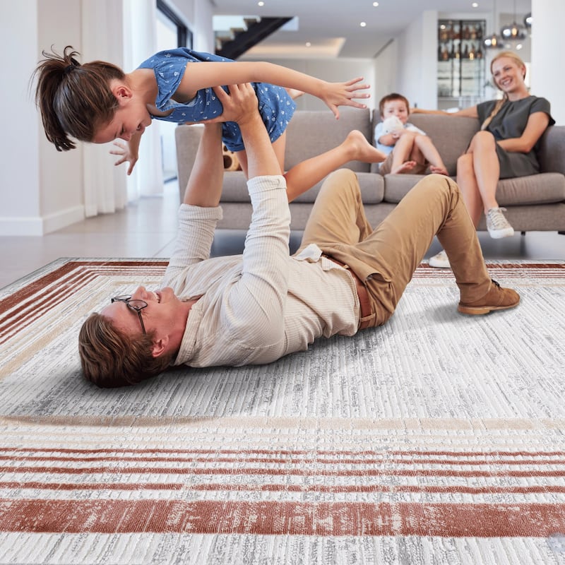 LOOM & LUXE Collection Brown/Ivory/Bordered Non-Shedding Area Rug