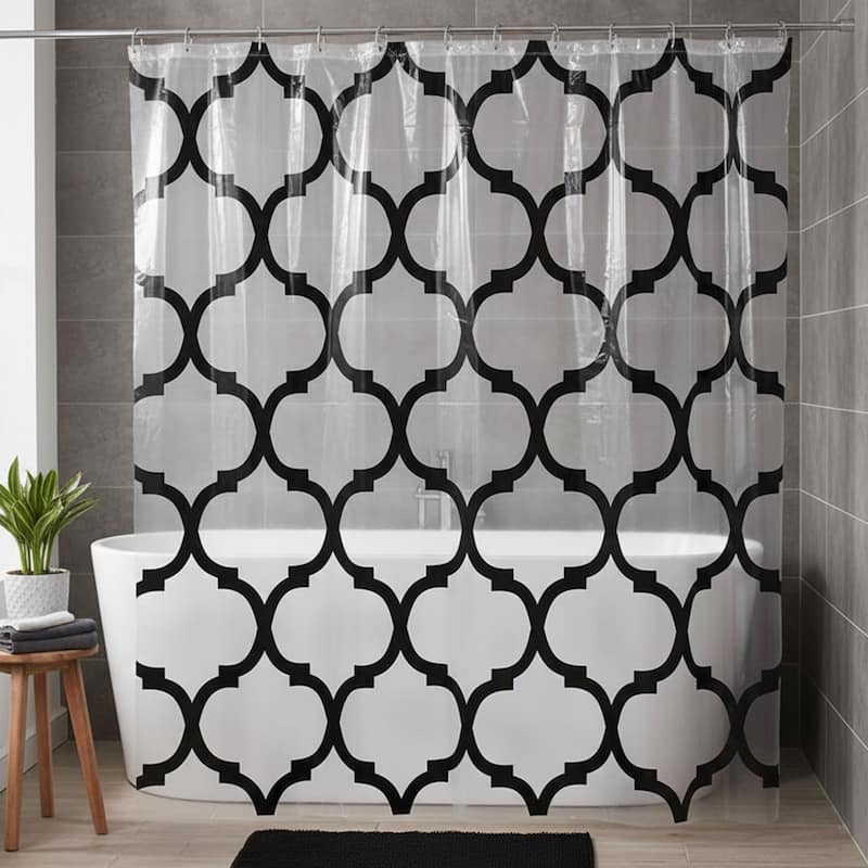 Transparent PEVA Shower Curtain - Black Arabesque Design - 71"x71"