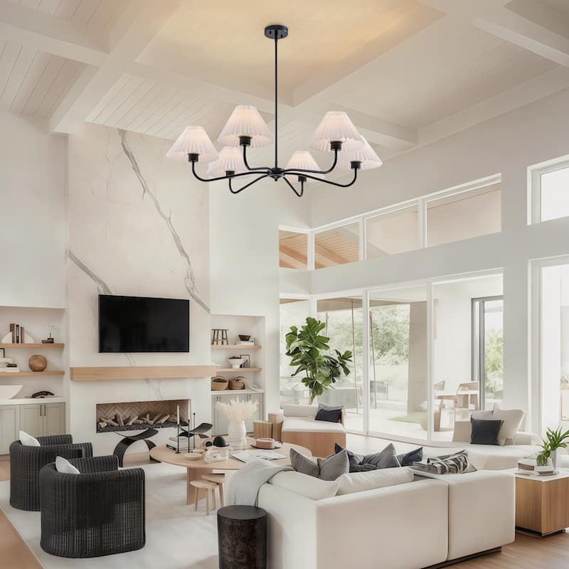 Starsky 6-Light Chandelier with Pleated Fabric Shades Handmade Black & Gold for Dining Room, Kitchen, Living Room and Foyer
